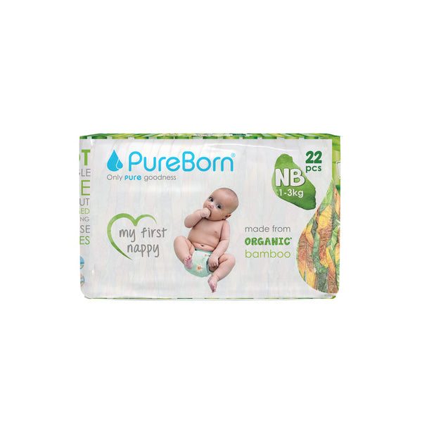 PureBorn Organic Bamboo Diapers Assorted Print New Born 22 Count (1-3 Kg)