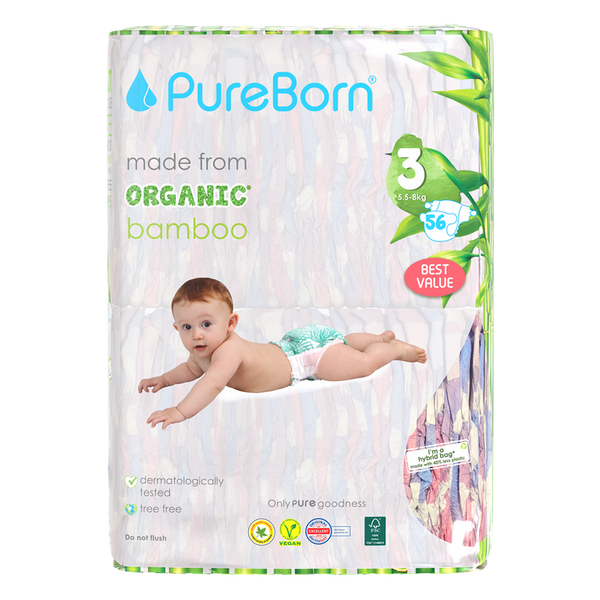 PureBorn Organic Bamboo Diapers Assorted Print Size 3 56 Count (5.5-8 Kg)