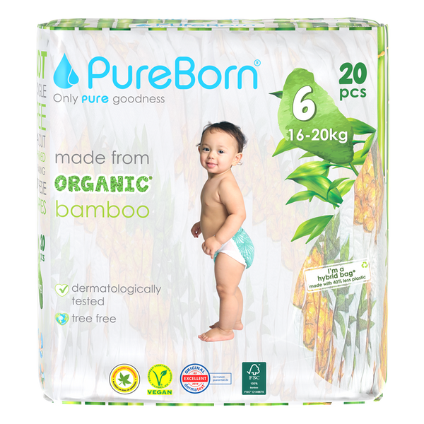 PureBorn Organic Bamboo Diapers Assorted Print Size 6 20 Count (16-20 Kg)