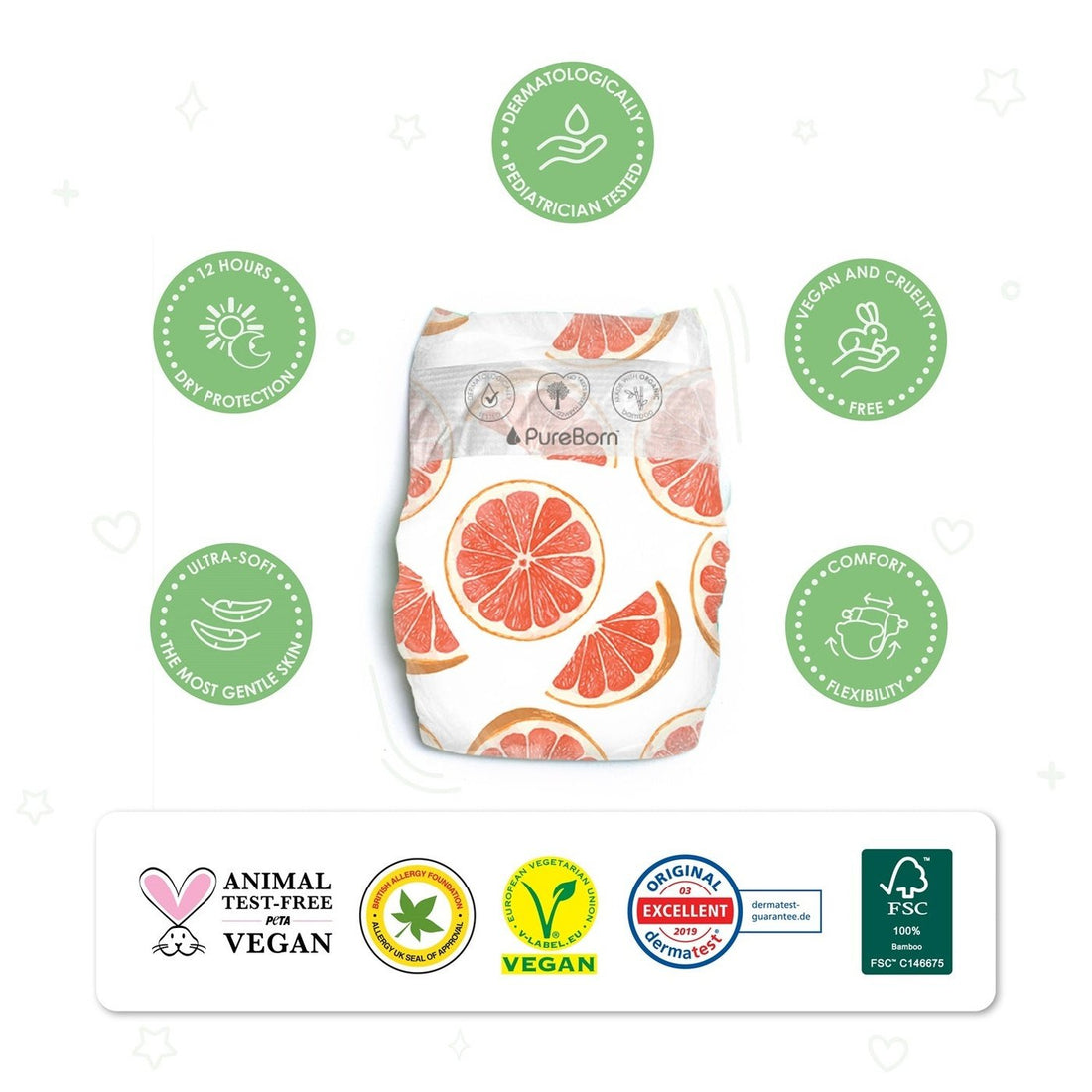 PureBorn Organic Bamboo Diapers Assorted Print Size 2 64 Count (3-6 Kg)