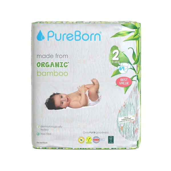 PureBorn Organic Bamboo Diapers Assorted Print Size 2 64 Count (3-6 Kg)