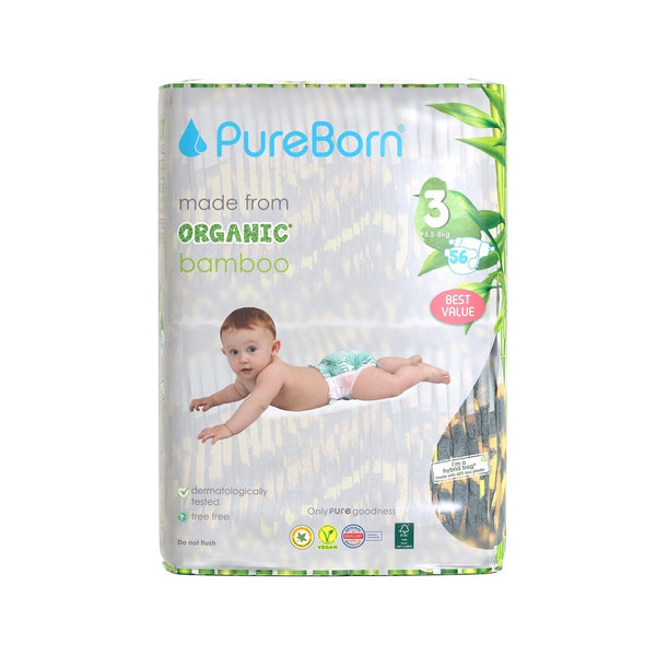 PureBorn Organic Bamboo Diaper Size 3 ( 5.5-8kg) Assorted 56 Nappies