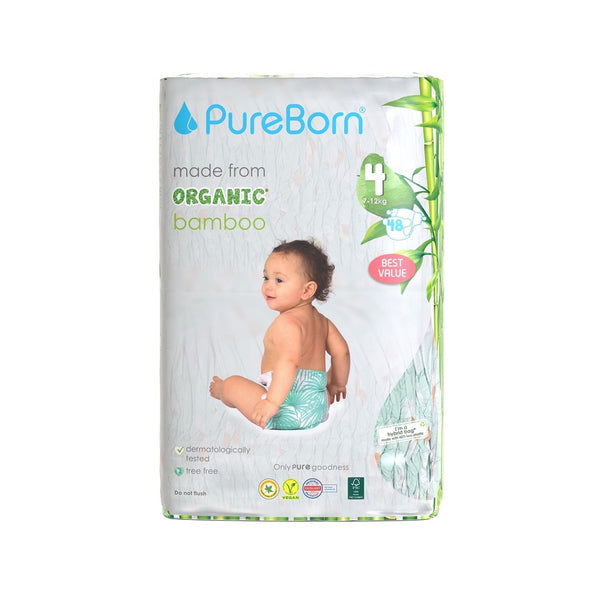PureBorn Organic Bamboo Diaper Size 4 (7-12kg) Assorted, 48 Nappies