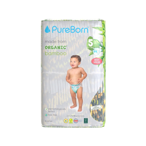 PureBorn Organic Bamboo Diaper Size 5 ( 11-18kg) Assorted, 44 Nappies