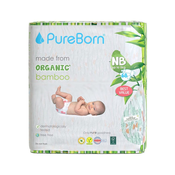 PureBorn Organic Bamboo Diapers Assorted Print New Born 68 Count (1-3 Kg)