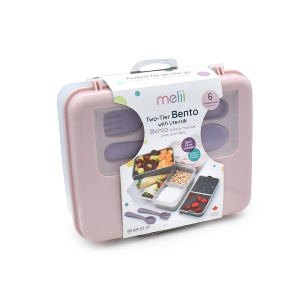 Melii Two - Tier Bento With Utensils Pink Purple Grey 6 Compartments