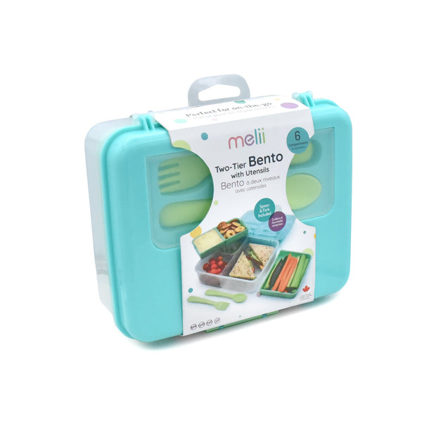 Melii Two - Tier Bento With Utensils Blue Mint Lime 6 Compartments
