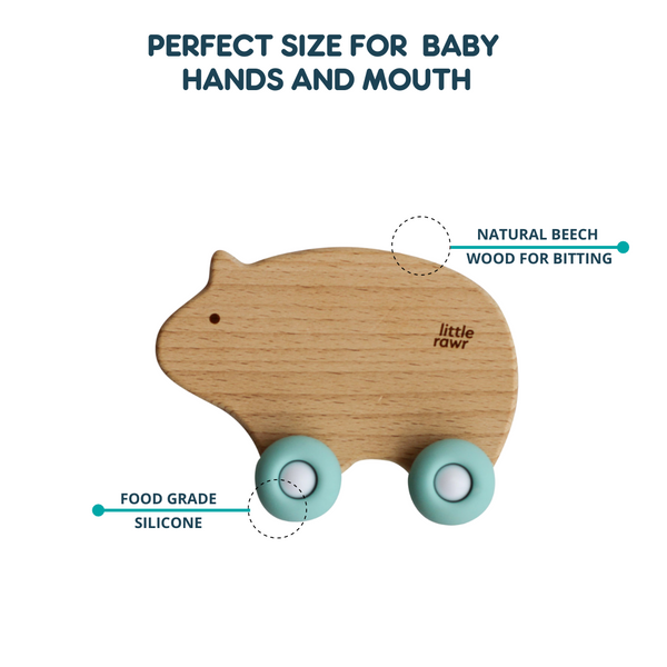 Little Rawr - Wood Wheelie Animal Blue Bear