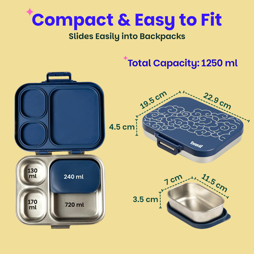 Basil Bento Quad+ 3+1 Compartment Stainless Steel Lunchbox with Mini Box 1250 ml Midnight Sora