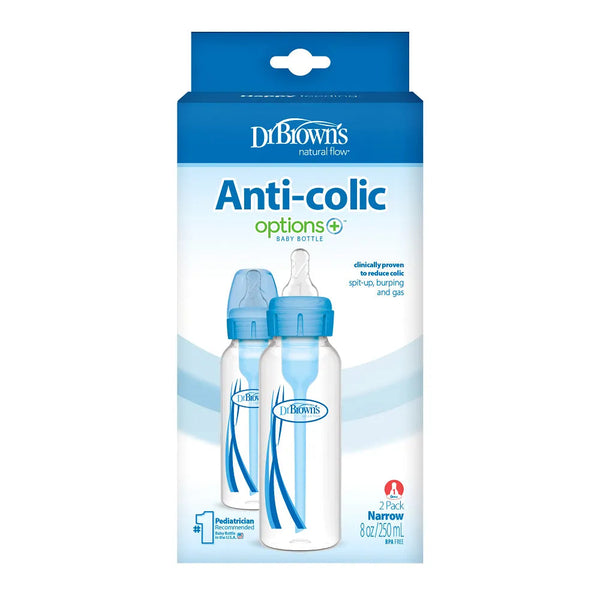 Dr. Brown's Natural Flow Anti-Colic Options+ Narrow Baby Bottle 8 oz/250 ml 2-Pack Blue