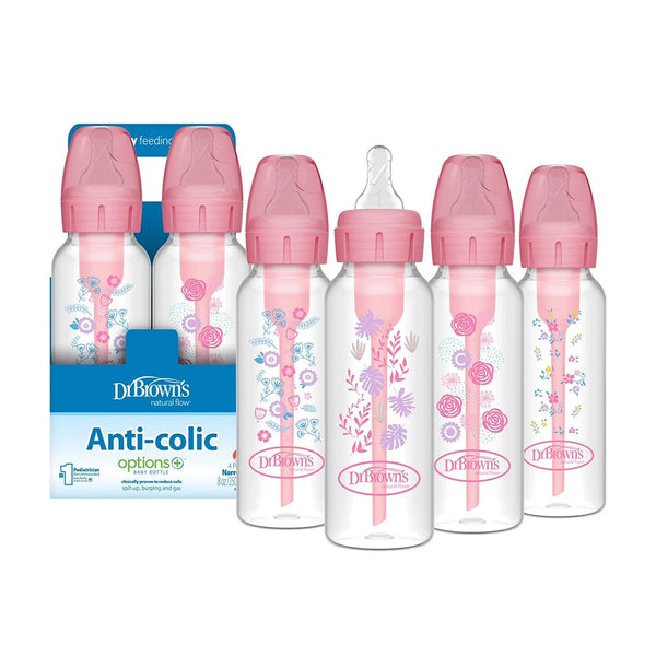 Dr. Brown's Natural Flow Anti-Colic Options+ Narrow Baby Bottle, 8 oz/250 ml, Pink Floral, 4-Pack