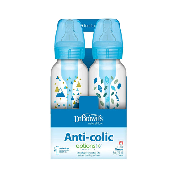 Dr. Brown's Natural Flow Anti-Colic Options+ Narrow Baby Bottle, 8 oz/250 ml, Blue Nature, 4-Pack