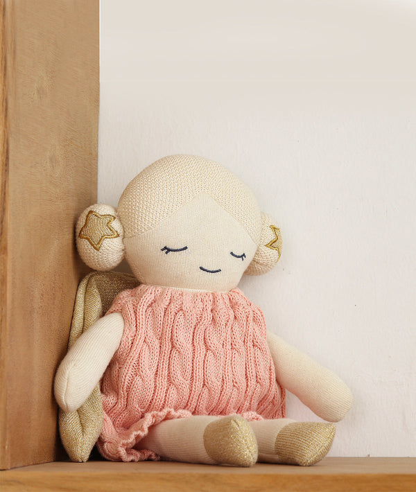 Pluchi Angel Doll Cotton Knitted Stuffed Soft Toy (Baby Pink & Gold)