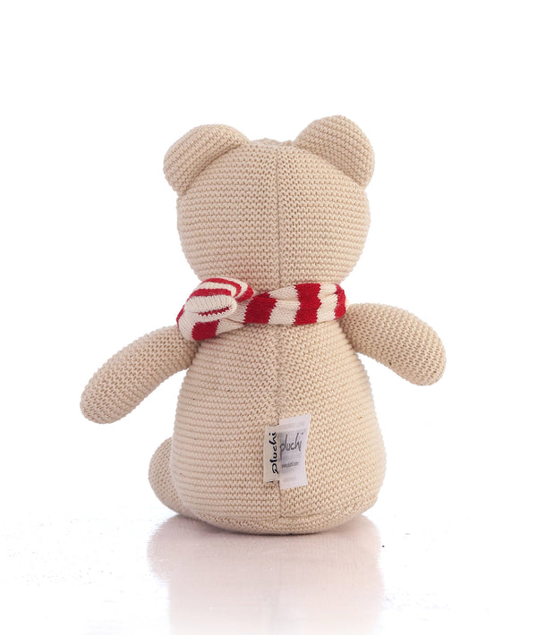 Pluchi Baby Bear with Scarf Cotton Knitted Stuffed Soft Toy for Babies & Kids (Natural & Red)