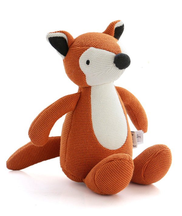 Pluchi The Timid Fox - Cotton Knitted Stuffed Soft Toy For Babies & Kids (Bright Orange & Natural)