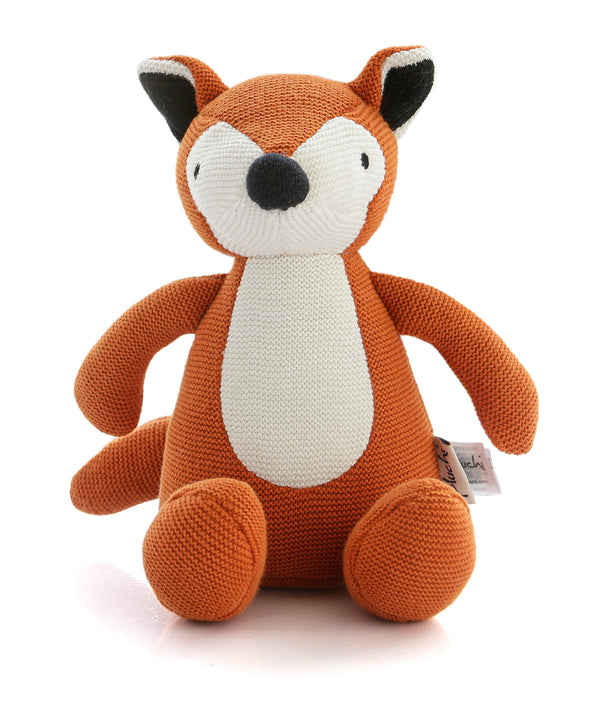 Pluchi The Timid Fox - Cotton Knitted Stuffed Soft Toy For Babies & Kids (Bright Orange & Natural)