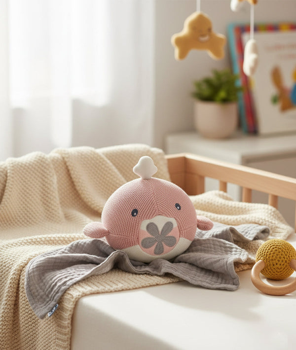 Pluchi Marlow Fish Cotton Knitted Stuffed Soft Toy for Babies & Kids (Pink & Natural)