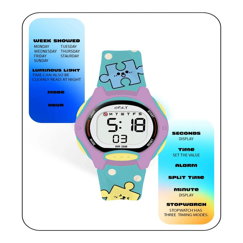 Spiky EVA18 Printed Strap Round Sports Digital Watch 3–10Y – Turquoise