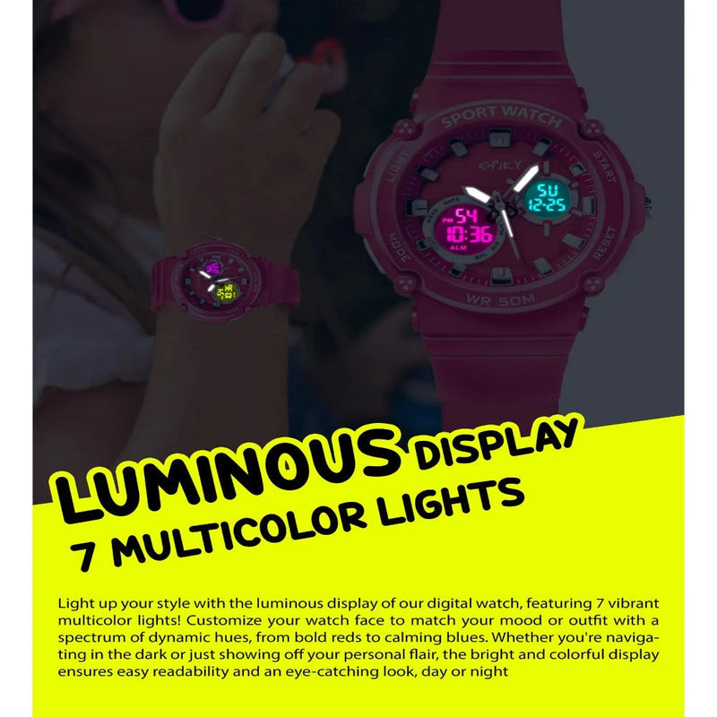 Spiky Round Multifunctional Digital Sports Watch 3–14Y – Pink