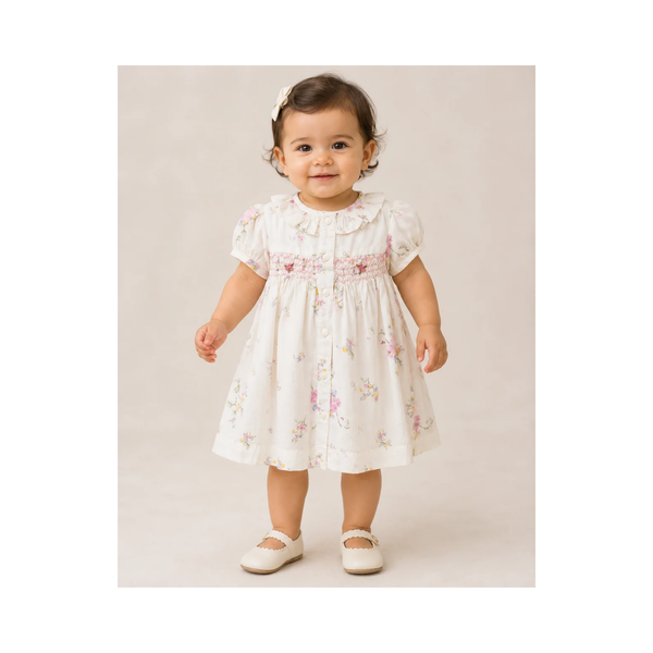 Calyx Baby Girl Floral Smocked Cotton Frock 0–3 Months Cream & Pink