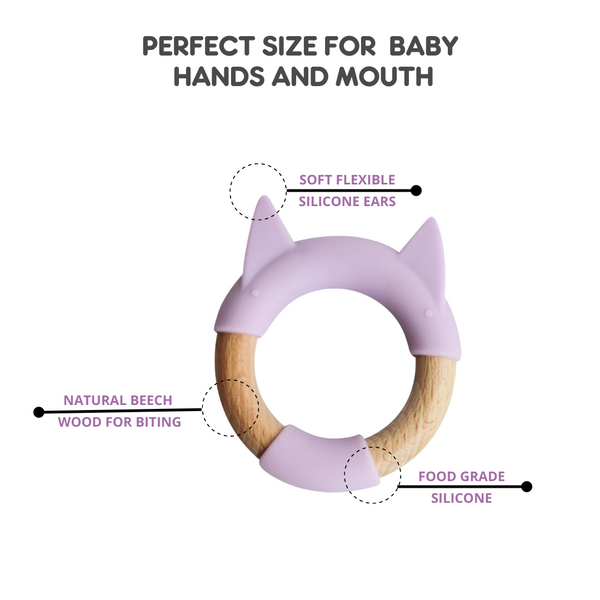 Little Rawr Wood + Silicone Disc & Ring Teether Kitty 9 cm Purple