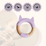 Little Rawr Wood + Silicone Disc & Ring Teether Kitty 9 cm Purple
