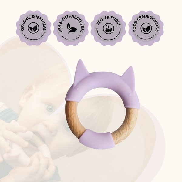 Little Rawr Wood + Silicone Disc & Ring Teether Kitty 9 cm Purple