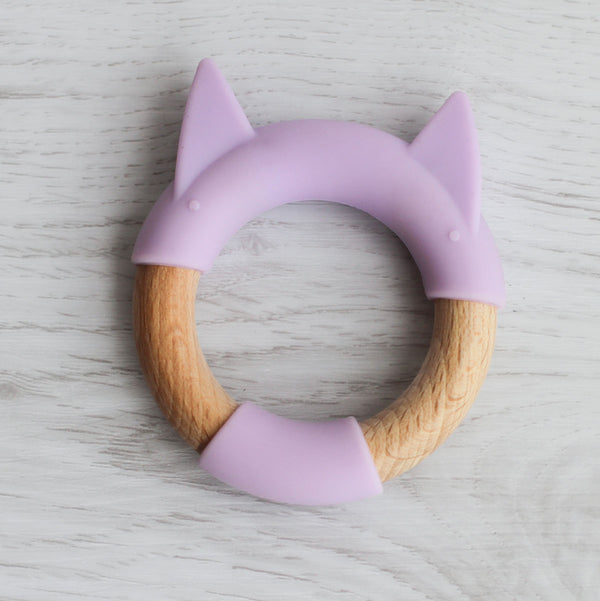 Little Rawr Wood + Silicone Disc & Ring Teether Kitty 9 cm Purple