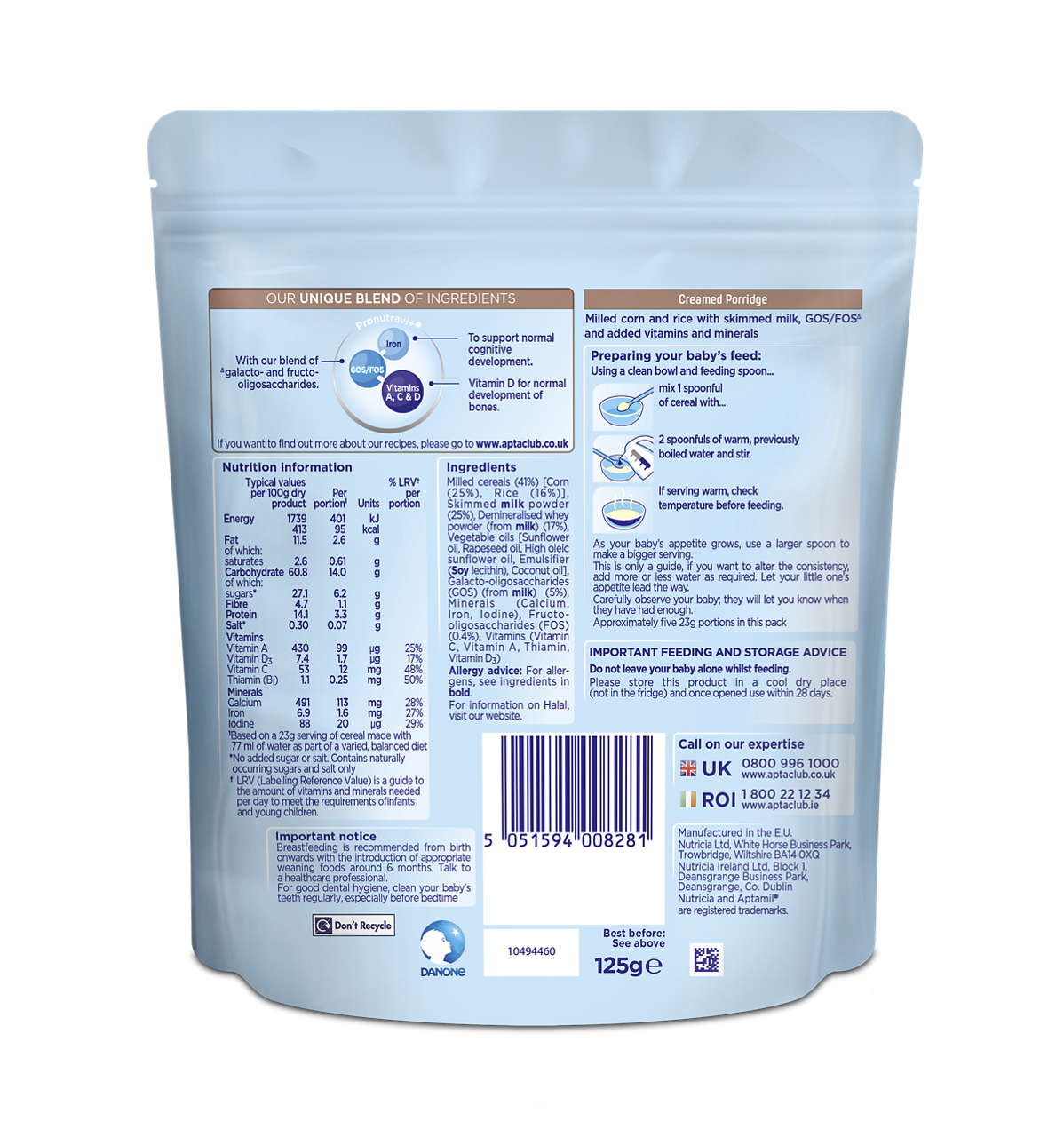 Aptamil Creamed Porridge Baby Cereal – 4–6+ Months, 125g
