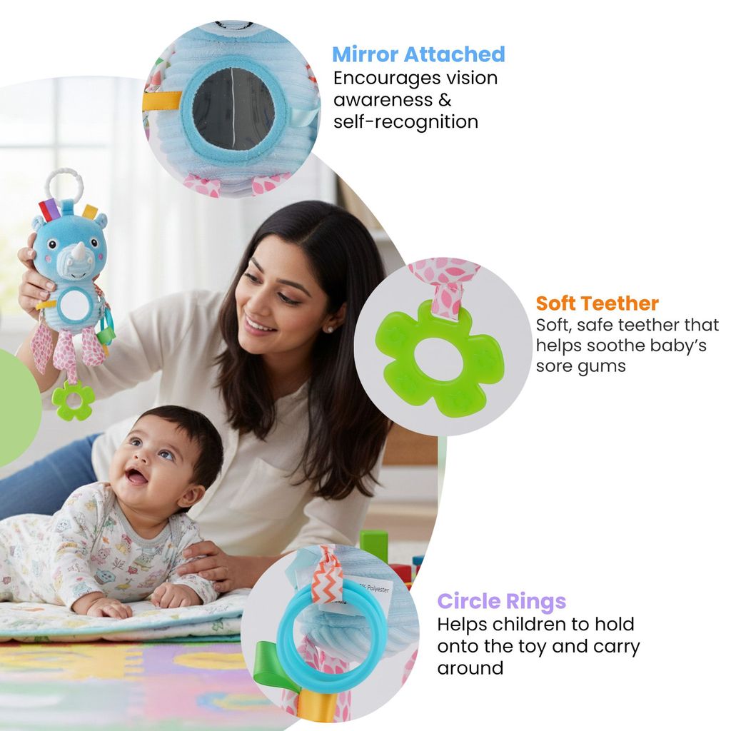 Nuluv Activity Rhino Baby Plush Sensory Stroller Toy with Teether, Crinkle Leaf & Mirror