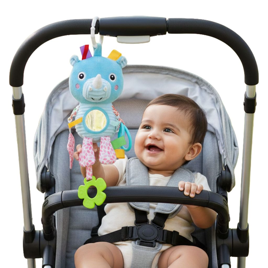 Nuluv Activity Rhino Baby Plush Sensory Stroller Toy with Teether, Crinkle Leaf & Mirror