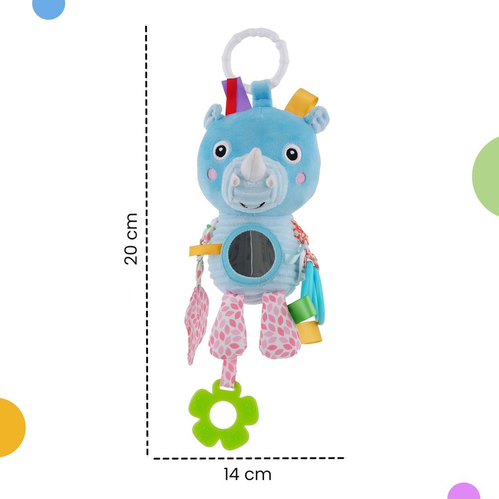 Nuluv Activity Rhino Baby Plush Sensory Stroller Toy with Teether, Crinkle Leaf & Mirror