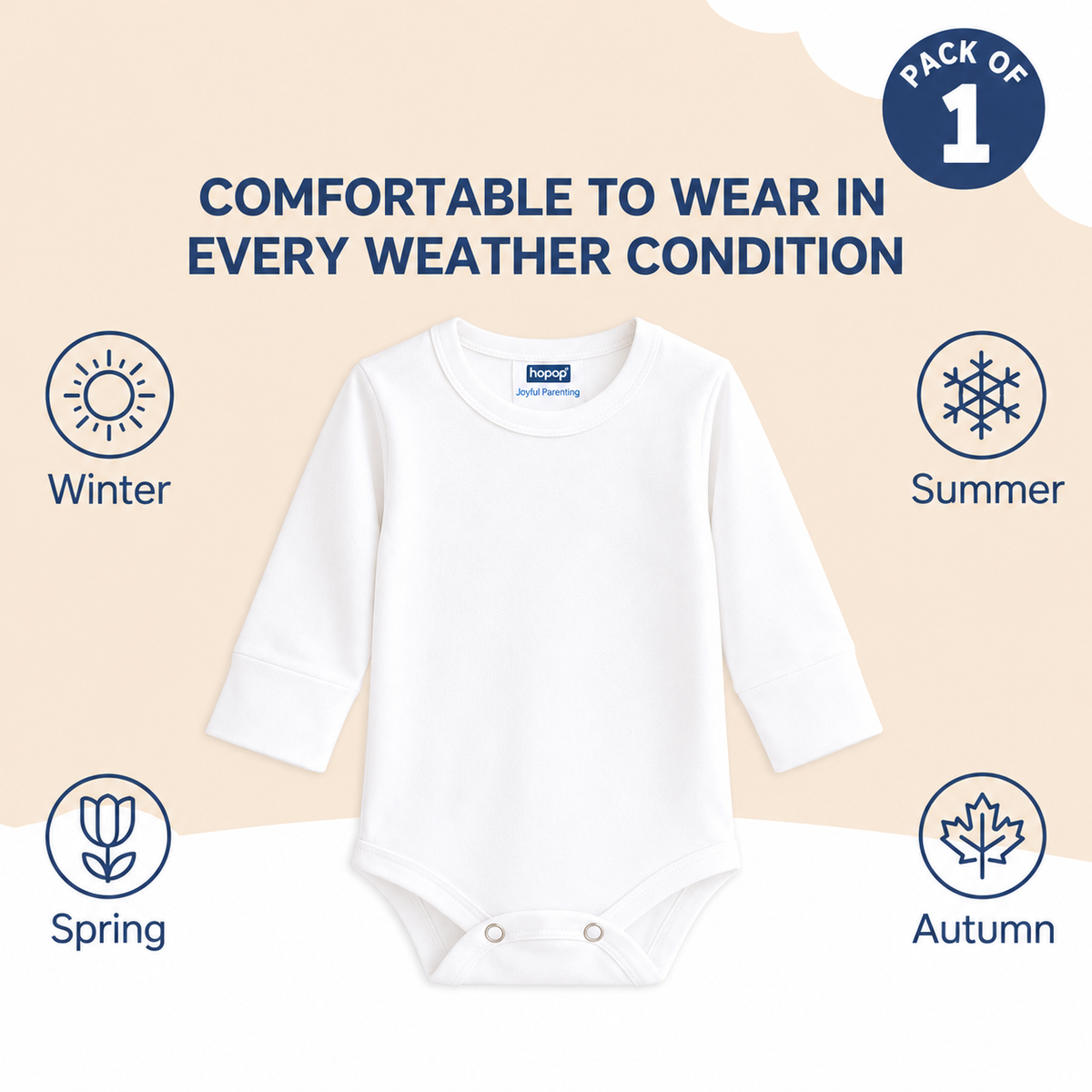 Hopop Baby Cotton Round Neck Full Sleeve Romper Pack of 1 - White
