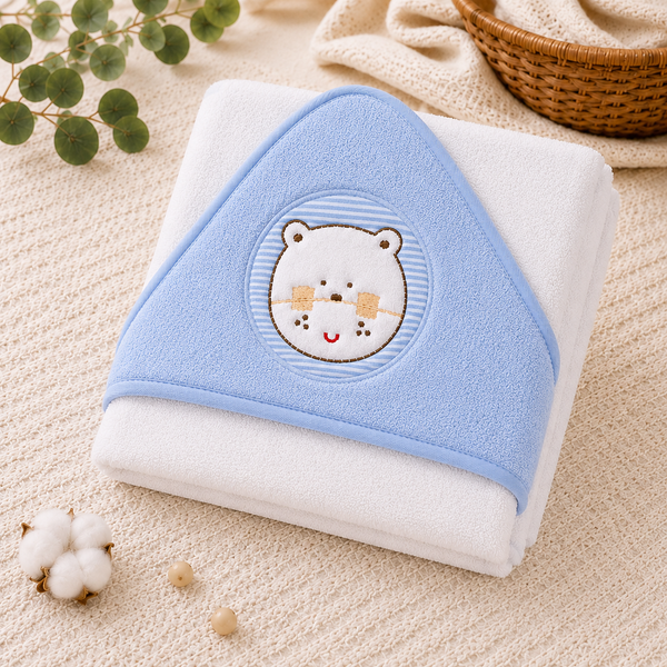 Babiano Teddy Bear Baby Hooded Towel – White & Sky Blue