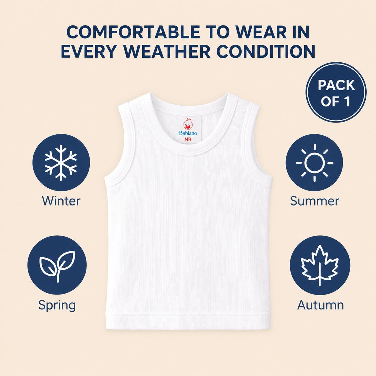 Hopop Baby Round Neck Sleeveless Cotton Vest Pack of 1 White