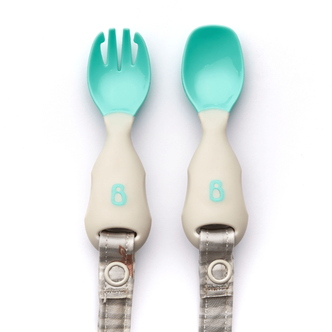 Bibado Handi Cutlery Attachable Weaning Spoon & Fork Set – Woodland Friends Grey | 6M+