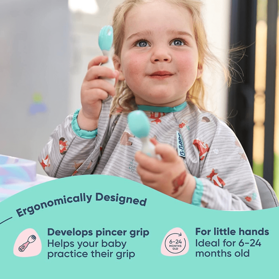 Bibado Handi Cutlery Attachable Weaning Spoon & Fork Set – Woodland Friends Grey | 6M+
