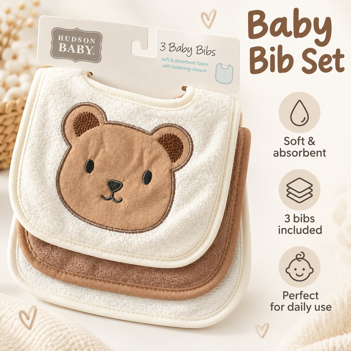 Hudson Baby Big Softies Newborn Bibs Pack of 3 Bear Fawn