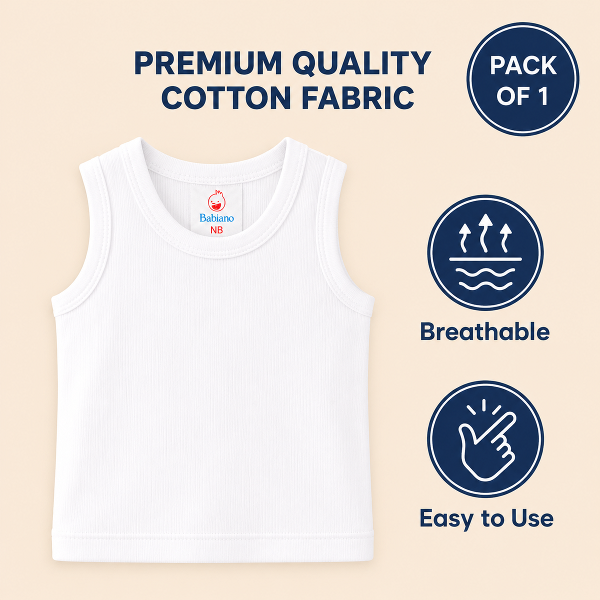 Hopop Baby Round Neck Sleeveless Cotton Vest Pack of 1 White