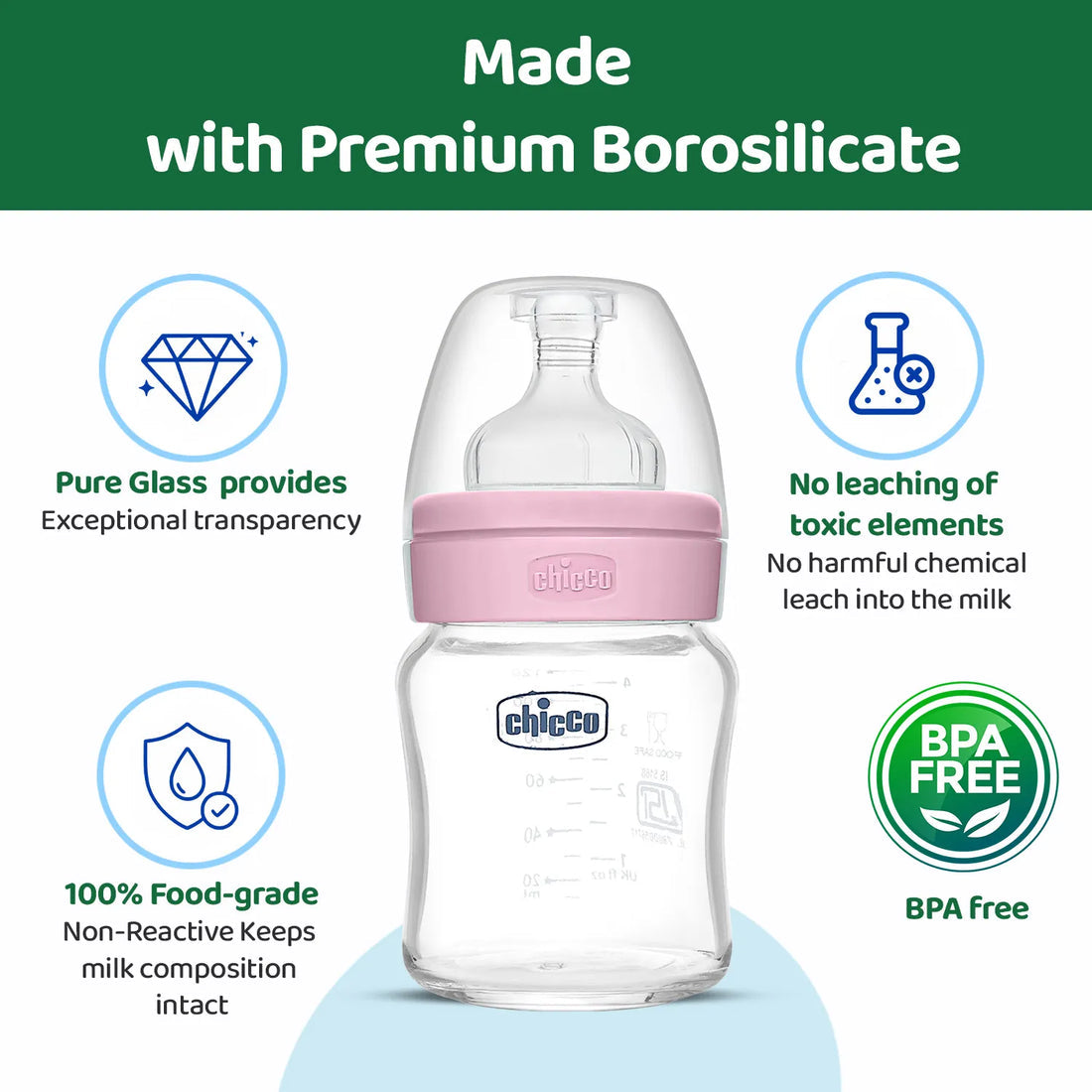 Chicco Well-Being Glass Feeding Bottle 120ml Slow Flow 0M+ β Pink