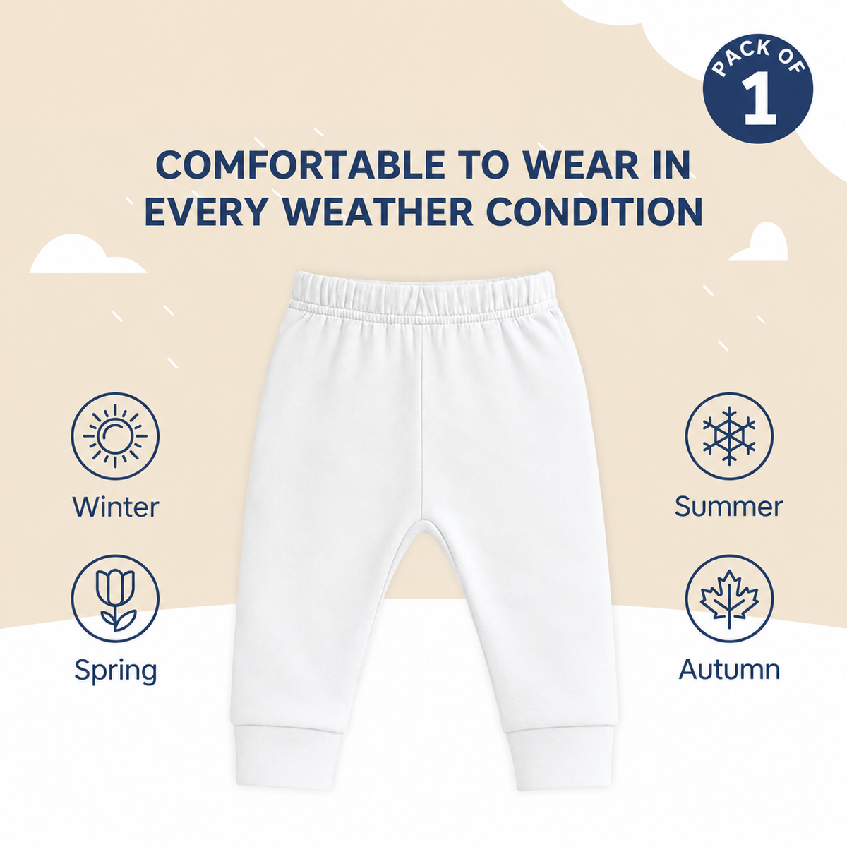 Hopop Baby Cotton Pajama Pants Pack of 1 0-3 Months - White