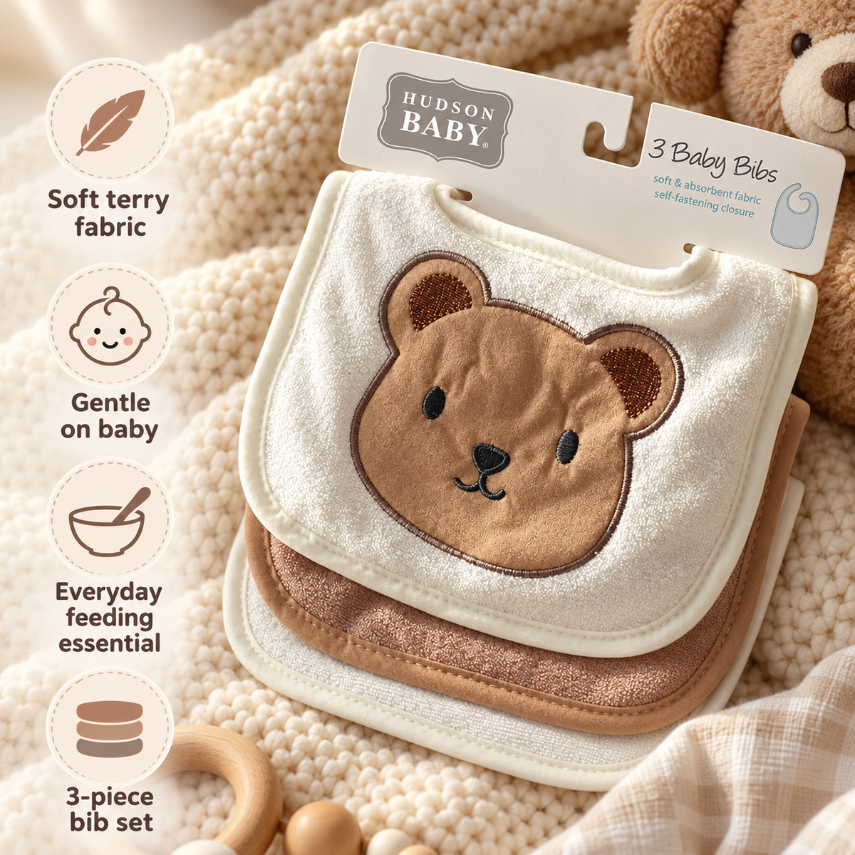 Hudson Baby Big Softies Newborn Bibs Pack of 3 Bear Fawn