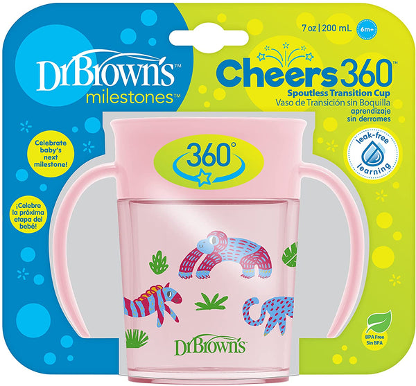 Dr Browns Smooth Wall Cheers 360 Cup With Handle 200mL - Pink Deco