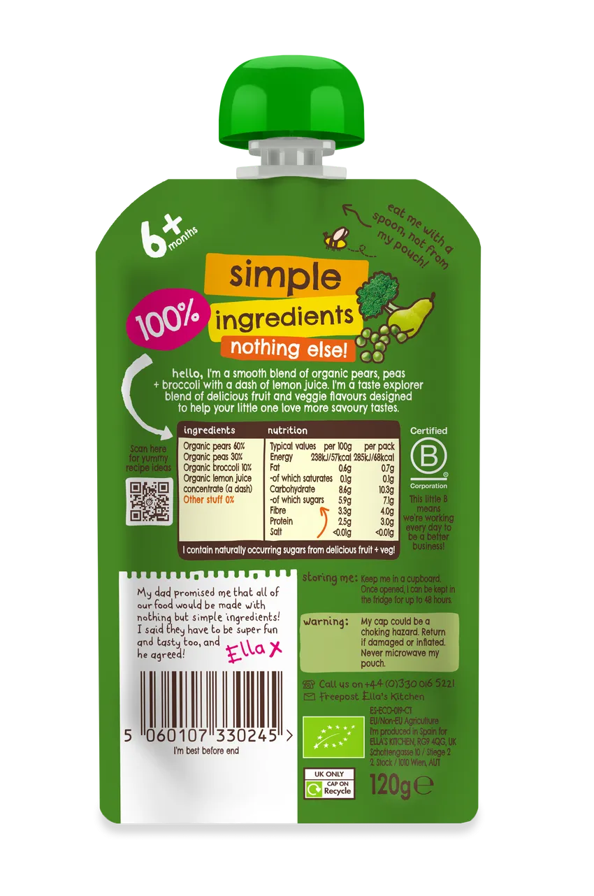 Ella’s Kitchen Organic Pears, Peas & Broccoli Puree 120 g