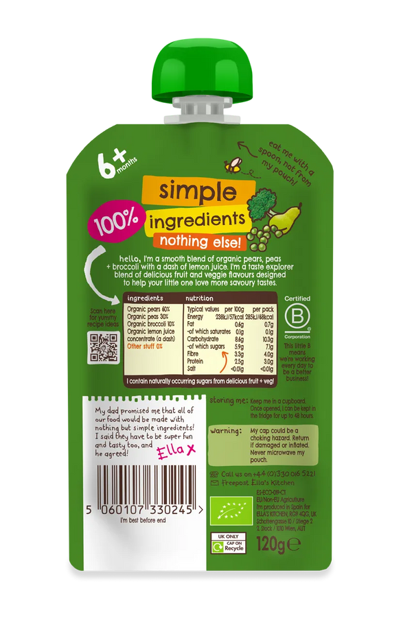Ella’s Kitchen Organic Pears, Peas & Broccoli Super Smooth Baby Puree Pouch – 6+ Months, 120g