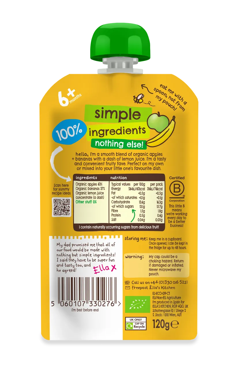 Ella's Kitchen Organic Bananas + Apples Puree 120 g