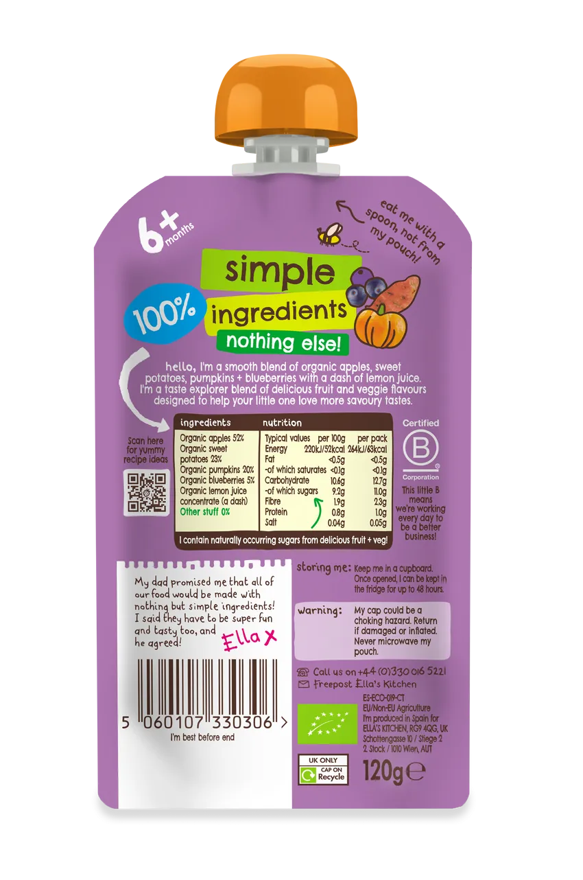 Ella’s Kitchen Organic Sweet Potatoes, Pumpkins, Apples & Blueberries Super Smooth Baby Puree Pouch – 6+ Months, 120g