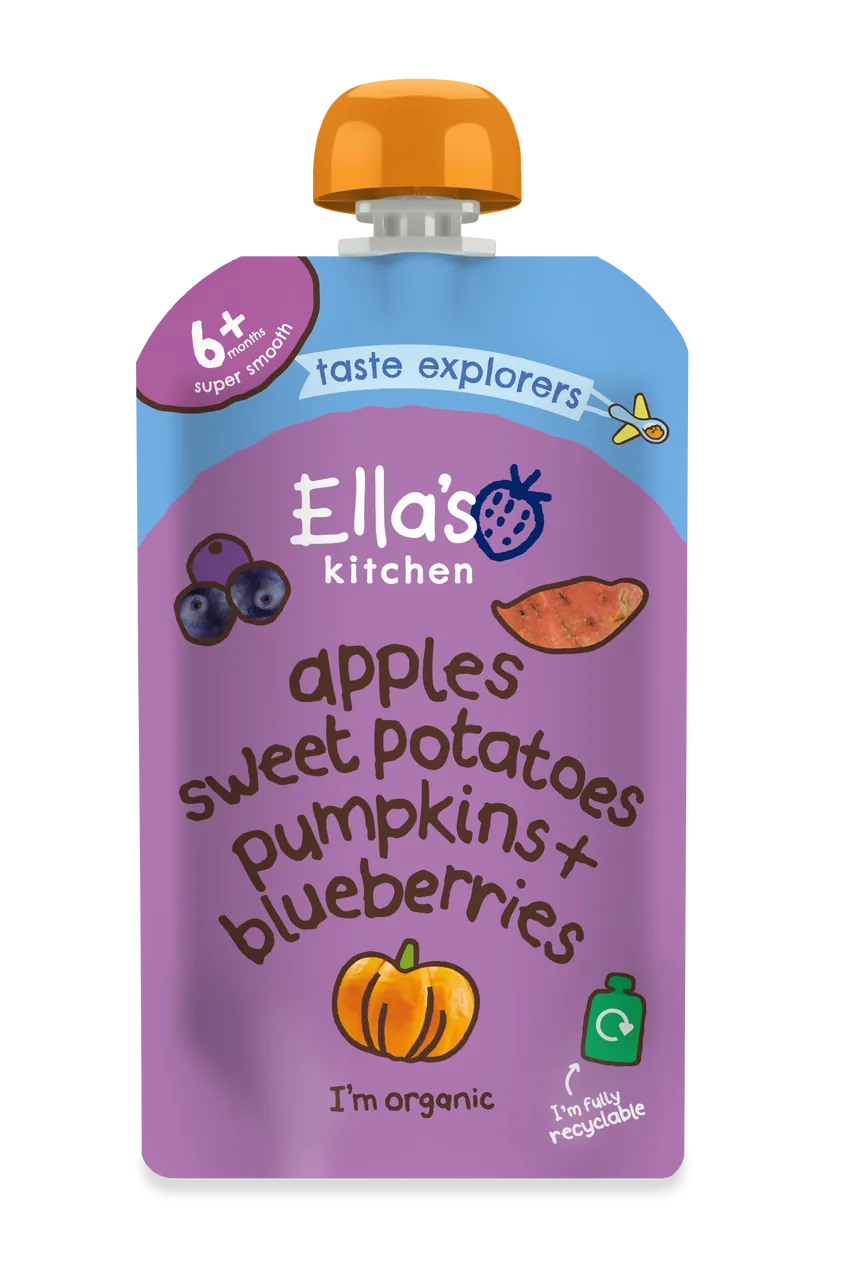 Ella’s Kitchen Organic Sweet Potatoes, Pumpkins, Apples & Blueberries Super Smooth Baby Puree Pouch – 6+ Months, 120g