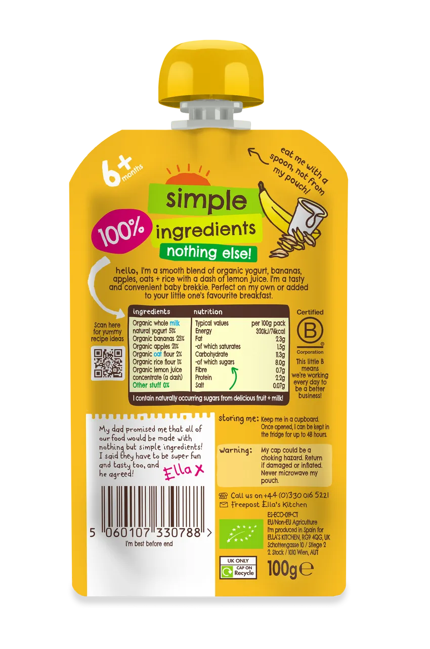 Ella’s Kitchen Organic Banana Baby Brekkie Super Smooth Puree Pouch – 6+ Months, 100g