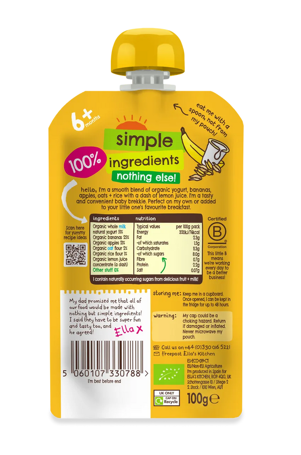 Ella’s Kitchen Organic Banana Baby Brekkie Super Smooth Puree Pouch – 6+ Months, 100g